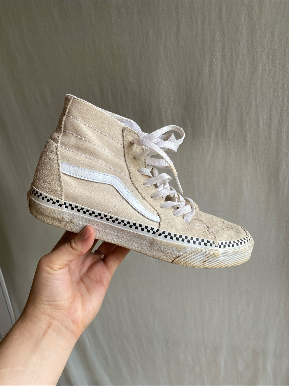 Vans Beige Suede High-Top Sneakers with Checkerboard Sole
